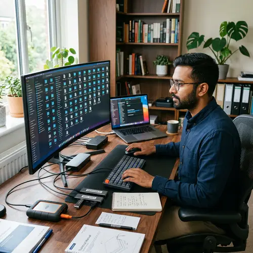 South Asian Individual Storing & Retrieving Data in Home Office