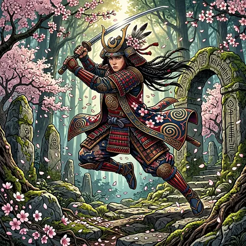 Japanese Celtic Female Warrior in Samurai Armor and Celtic Symbols