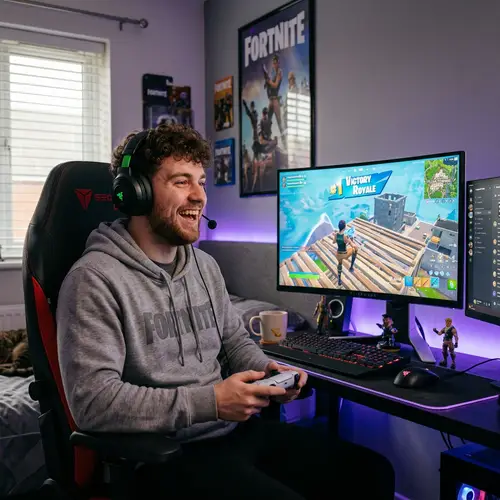 Happy Gamer Enjoying Fortnite Gameplay