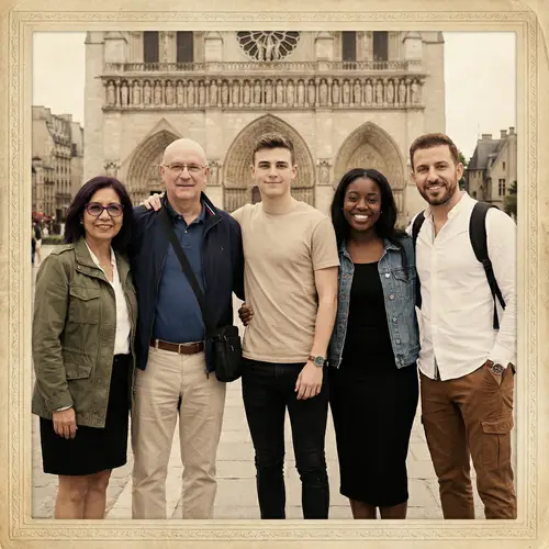 Captivating Pixar-style Family Portrait at Notre Dame Cathedral