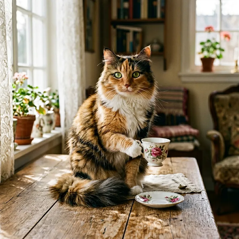 Cute Calico Cat Sipping Tea on Wood Table