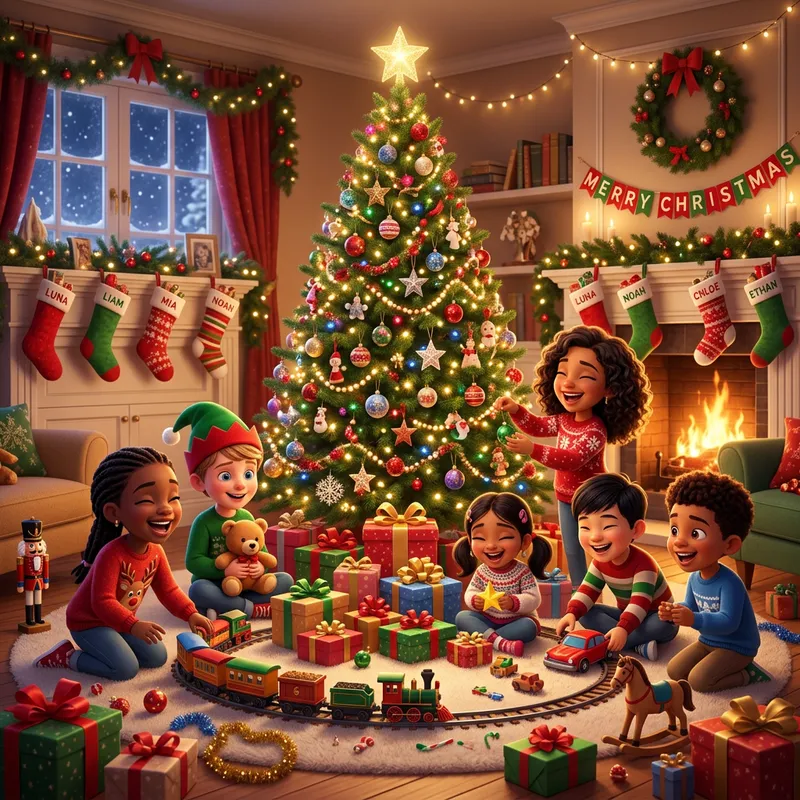 Kids Having Fun Around Christmas Tree | Festive Holiday Illustration