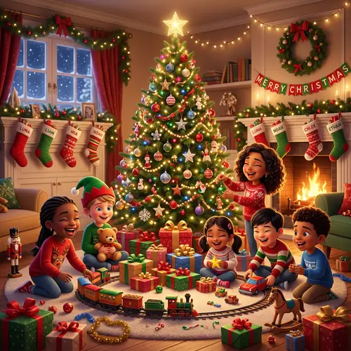 Joyful Kids Playing Around Christmas Tree | Fun Holiday Scene