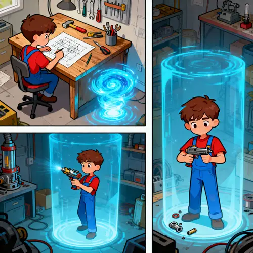 Top-Down Comic Strip: Boy's Invention Adventure