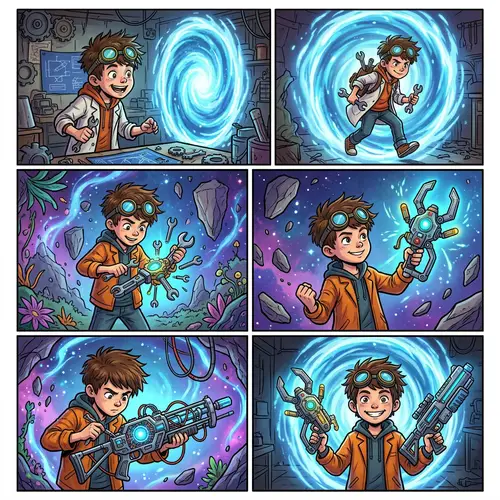 Top-Down Comic Strip: Boy's Invention Adventure