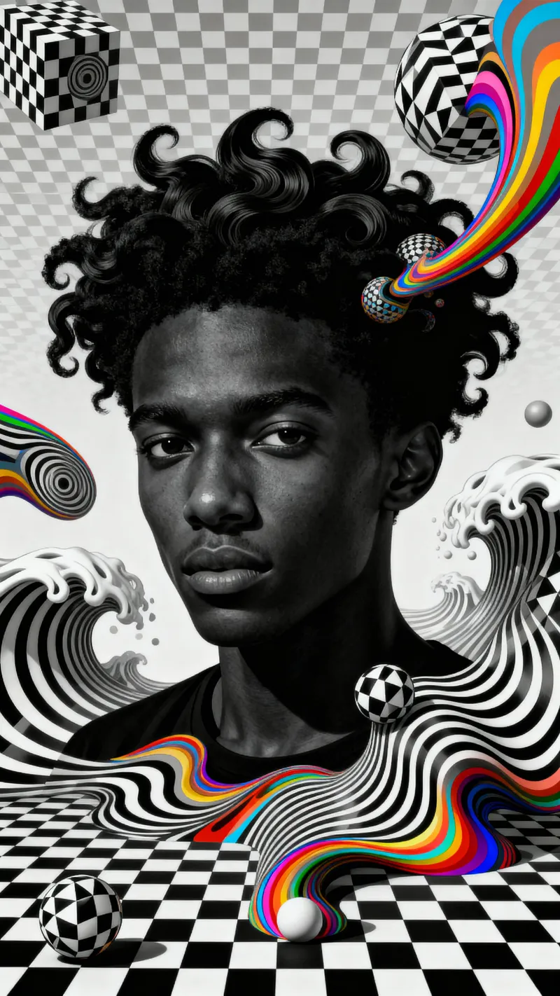 360 Waves Hairstyle Optical Art - Surreal Digital Portrait