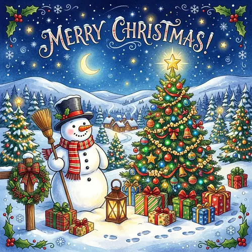 Festive Christmas Postcard with Snowman and Lanterns