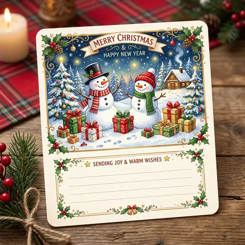 Festive Christmas Postcard with Snowmen and Gifts