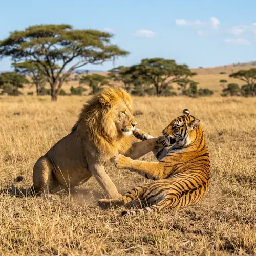 Lion vs Tiger Playful Encounter in Grassy Savannah