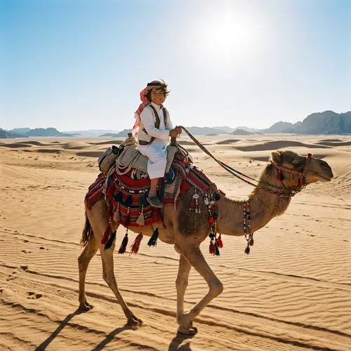 Middle-Eastern Boy Riding Camel in Vast Desert