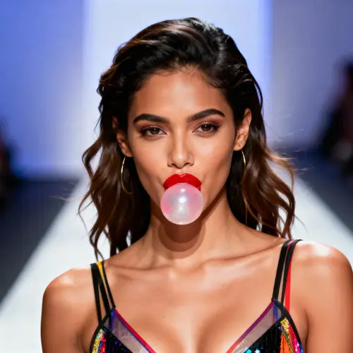 Latina Model on Runway Chewing Bubble Gum