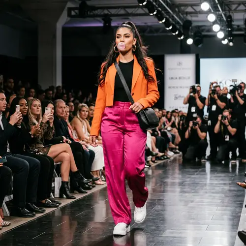 Latina Model on Runway Chewing Bubble Gum