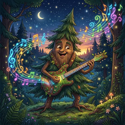 Whimsical Pine Tree Strumming Electric Guitar in Serene Forest