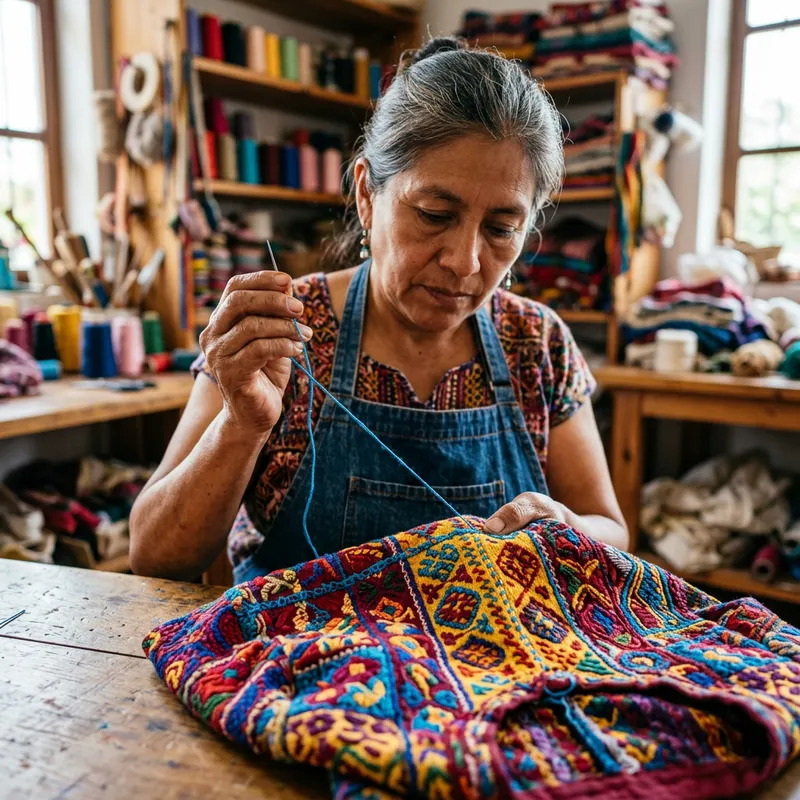 Artisan Sewing Colorful Shirt: Vibrant Textile Art