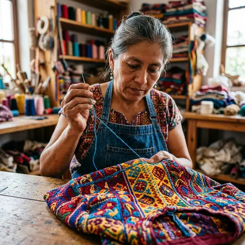 Artisan Sewing Colorful Shirt: Vibrant Textile Art