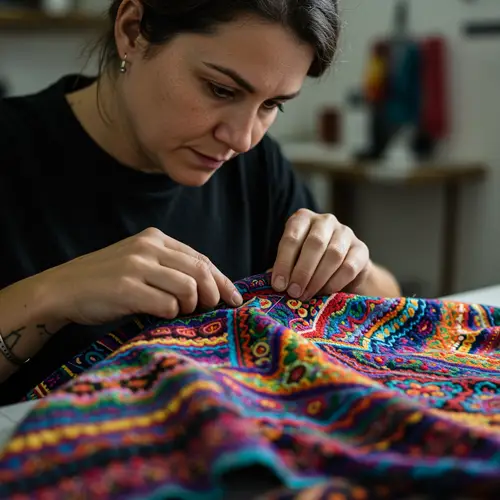 Artisan Sewing Colorful Shirt: Vibrant Textile Art