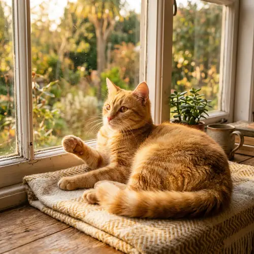 Tranquil Yellow Cat on Windowsill | Domestic Bliss Image