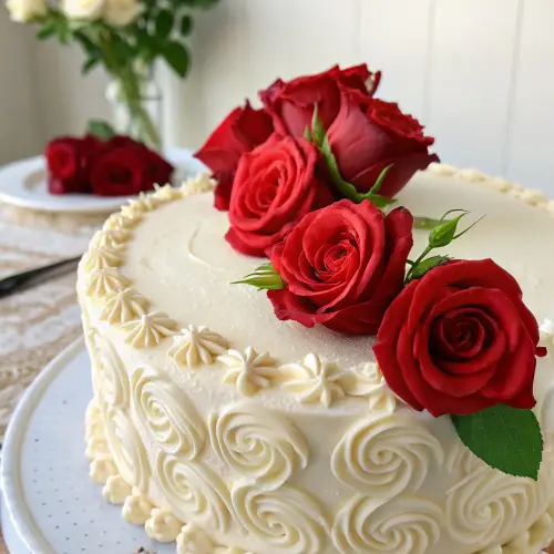 Delicious Cake with Fresh Red Roses