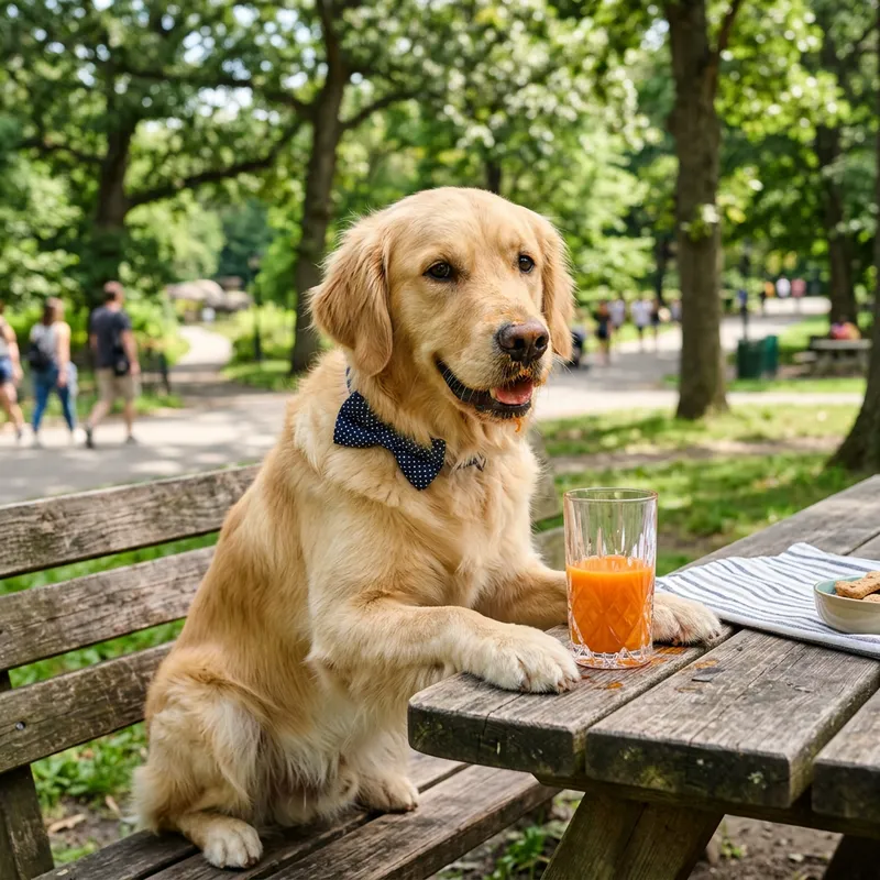 Clever Golden Retriever Enjoys Carrot Juice Picnic Clever Golden Retriever Enjoys Carrot Juice Picnic