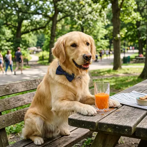 Clever Golden Retriever Enjoys Carrot Juice Picnic