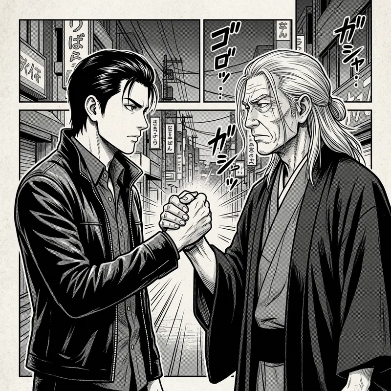 Unique Manga Handshake Scene with Distinctive Characters