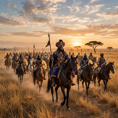 African Cavalry Riding Across Sunlit Savanna - Majestic Scene