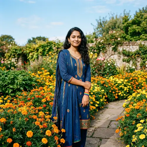 South Asian Woman in Traditional Attire Amid Marigold Garden