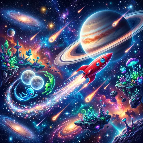 Surreal Cosmic Playground with Rocket Ship and Aliens