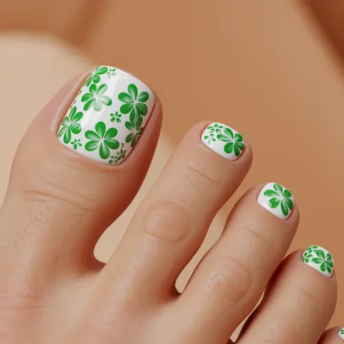 White Toenails with Green Flower Design