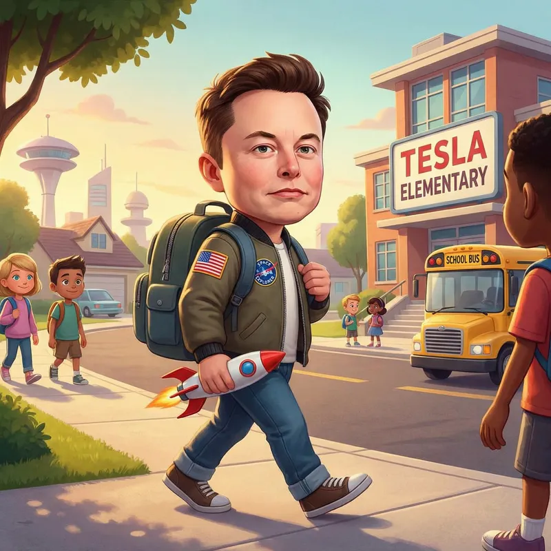 Pixar-Style Elon Musk Walking to School Image