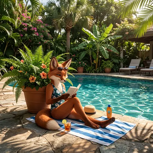 Anthropomorphic Fox Demi-Human by Pool | Swimsuit Blend
