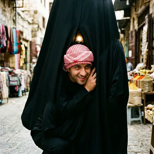 Man Hiding Under Wife's Dress With Kaffir Scarf