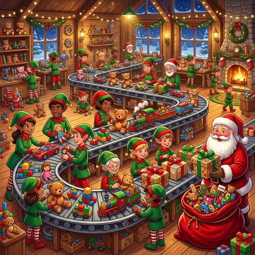 North Pole Elves Conveyor Belt Illustration | Christmas Toy Workshop