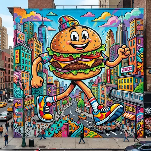 Colorful Urban Mural: Cartoon Hamburger Striding Giant City