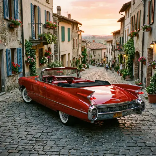 Iconic Classic Car from the Late 1960s on Cobblestone Street