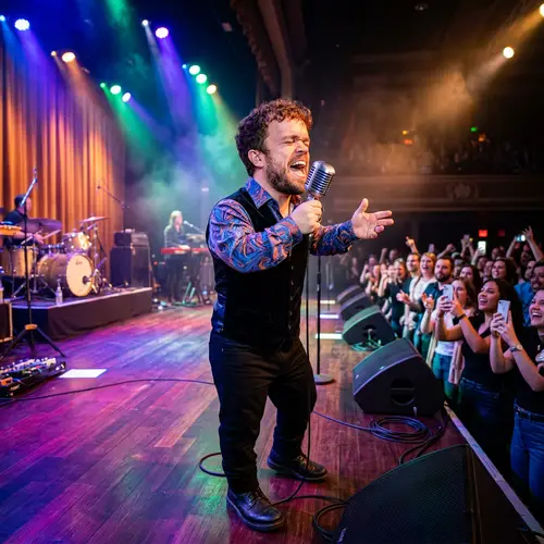 Passionate Singing Performance with Vintage Microphone | Stage Lights