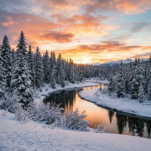 Tranquil Winter Scene - Snow-Covered Landscape at Sunset