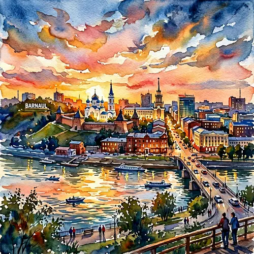 Vibrant Cityscape of Barnaul: Traditional Watercolor Painting