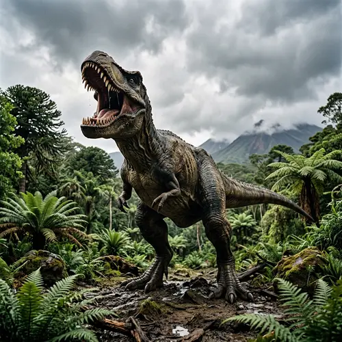 Fierce Tyrannosaurus Rex Roaring in Prehistoric Landscape