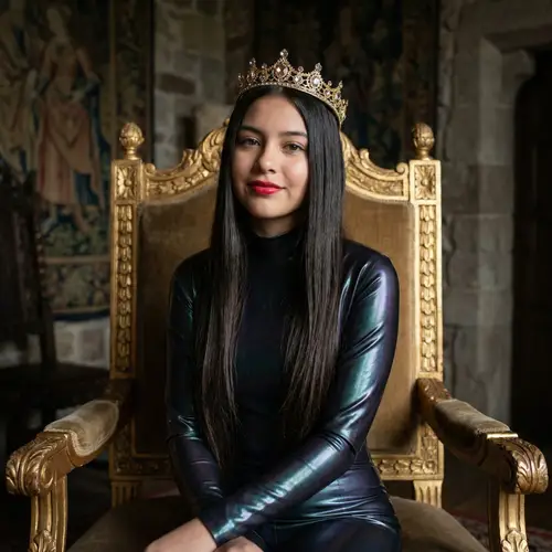 Hispanic Teenage Girl in Latex Suit on Throne | Crowned Beauty