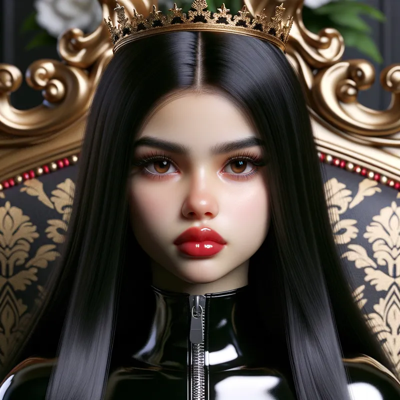 Young Hispanic Girl with Black Hair on Ornate Throne | Latex Suit & Crown Young Hispanic Girl with Black Hair on Ornate Throne | Latex Suit & Crown