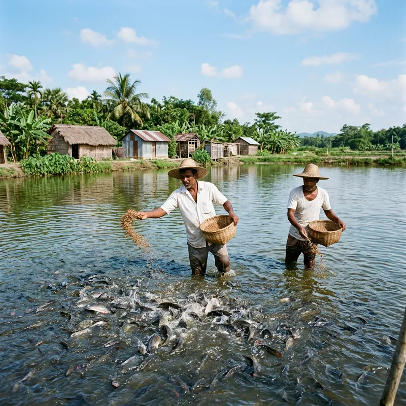 Siembra de Tilapias: Agricultores del Sur de Asia Alimentan Peces en Estanque de Agua Dulce Siembra de Tilapias: Agricultores del Sur de Asia Alimentan Peces en Estanque de Agua Dulce