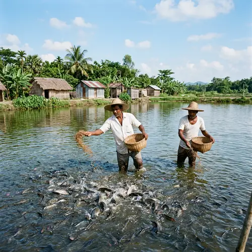 Tilapia Farming: South Asian Farmers Feed Fish in Freshwater Pond