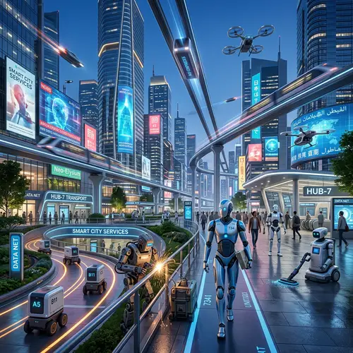 Futuristic Robots in a High-Tech Cityscape