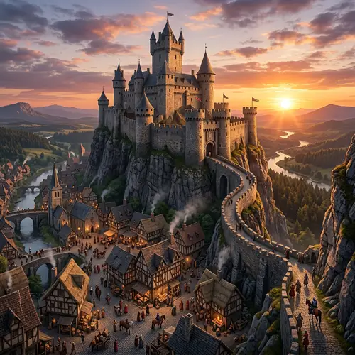 Grand Medieval Castle on Cliff Overlooking Town - Enchanting View