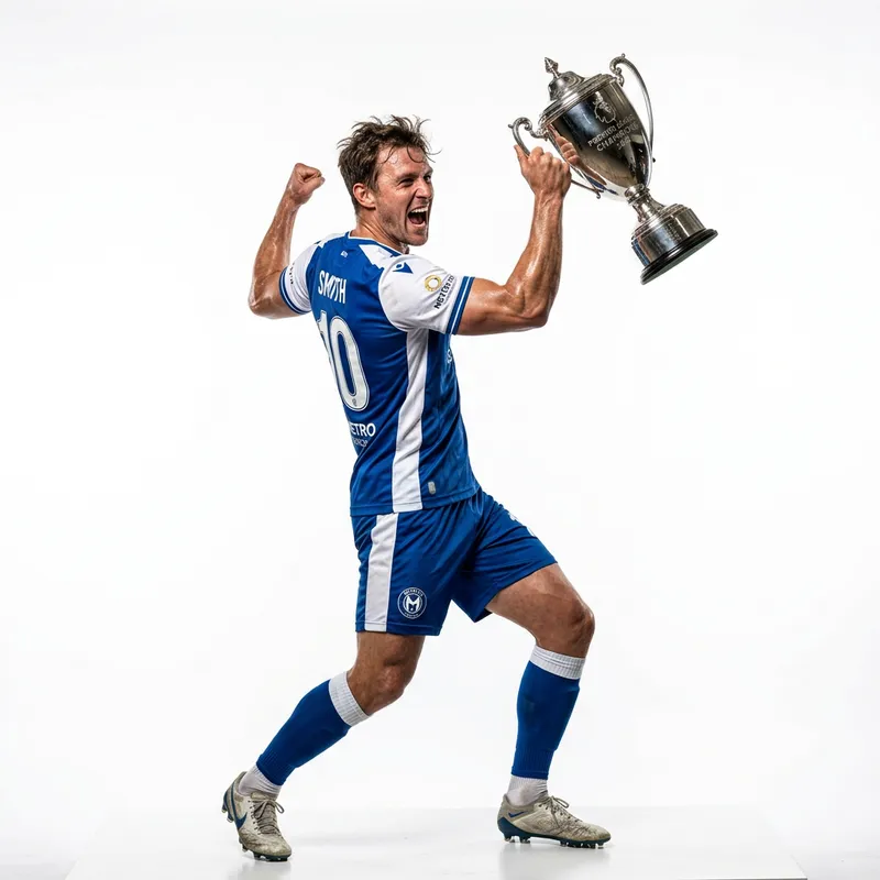 Dynamic Footballer with Trophy in High-Key Studio Setting Dynamic Footballer with Trophy in High-Key Studio Setting