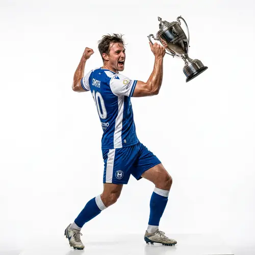 Professional Footballer with Trophy in Studio Setting