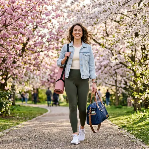 Modern Health-Conscious Caucasian Woman Walking in Blossoming Park