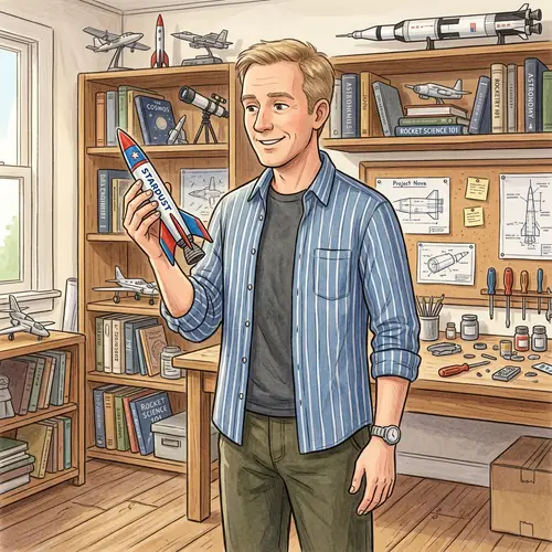 Middle-Aged Man Holding Miniature Rocket | Website Name