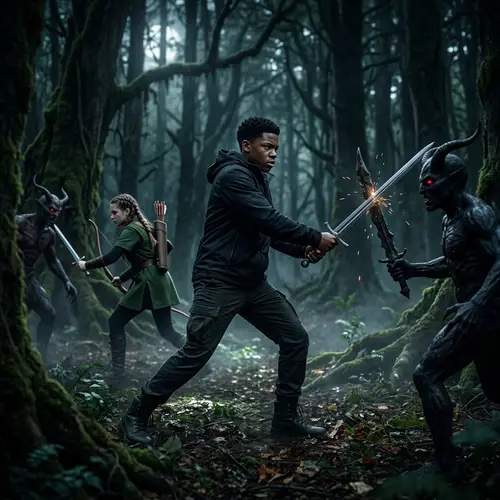 Epic Sword Fight: Teen Boy vs Demons in Dark Forest